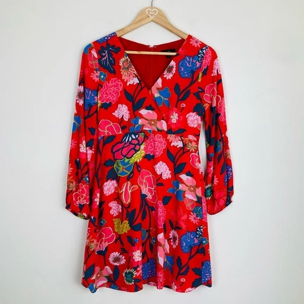 J. Crew vibrant red floral faux wrap top  mini dress. Size 2